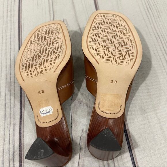 Cole Haan Country Carmel Brown Leather Peep Toe Slide 2 1/2" Block Heel Sz 6B - Picture 4 of 12